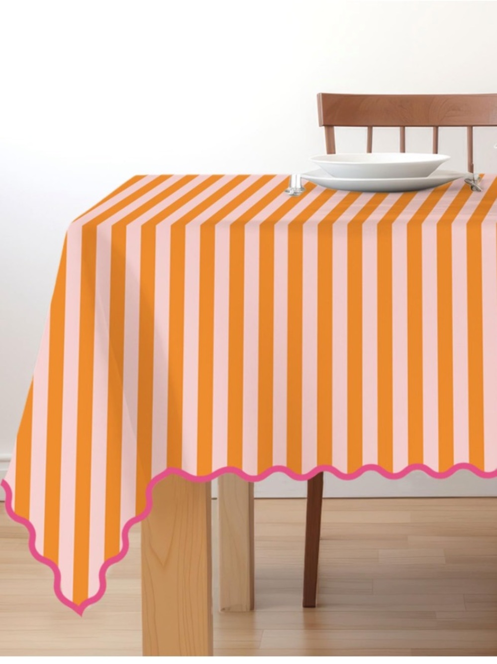 Orange & Pink Striped Tablecloth Scalloped Edge Waterproof Rectangular 55x70”